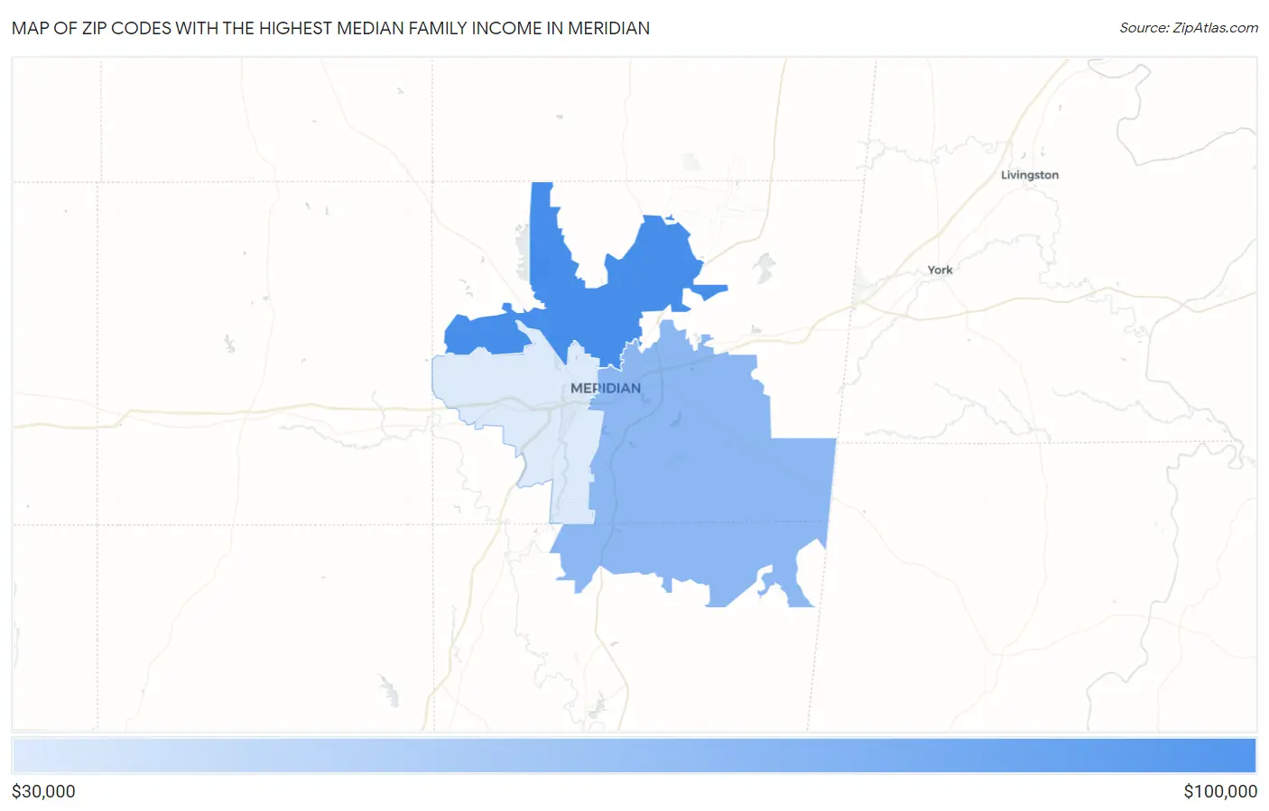 Zip Codes with the Highest Median Family Income in Meridian Map