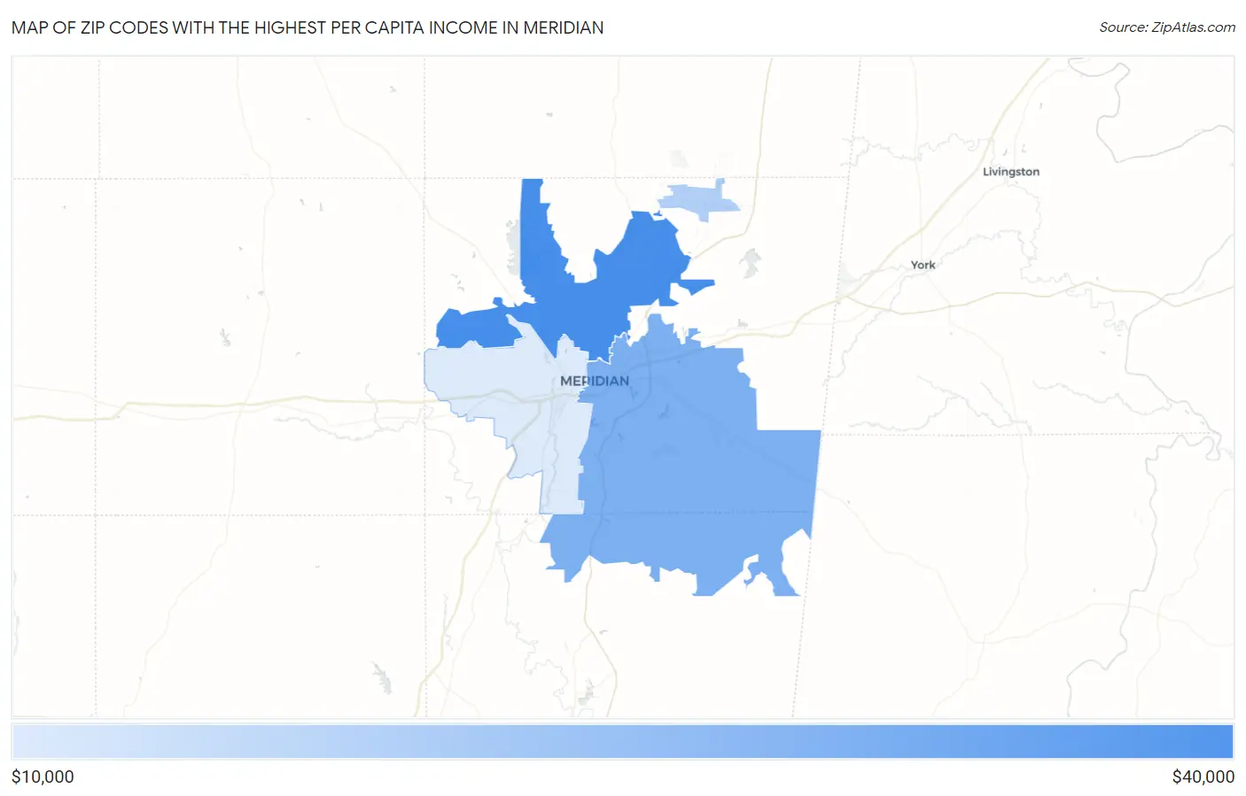 Zip Codes with the Highest Per Capita Income in Meridian Map