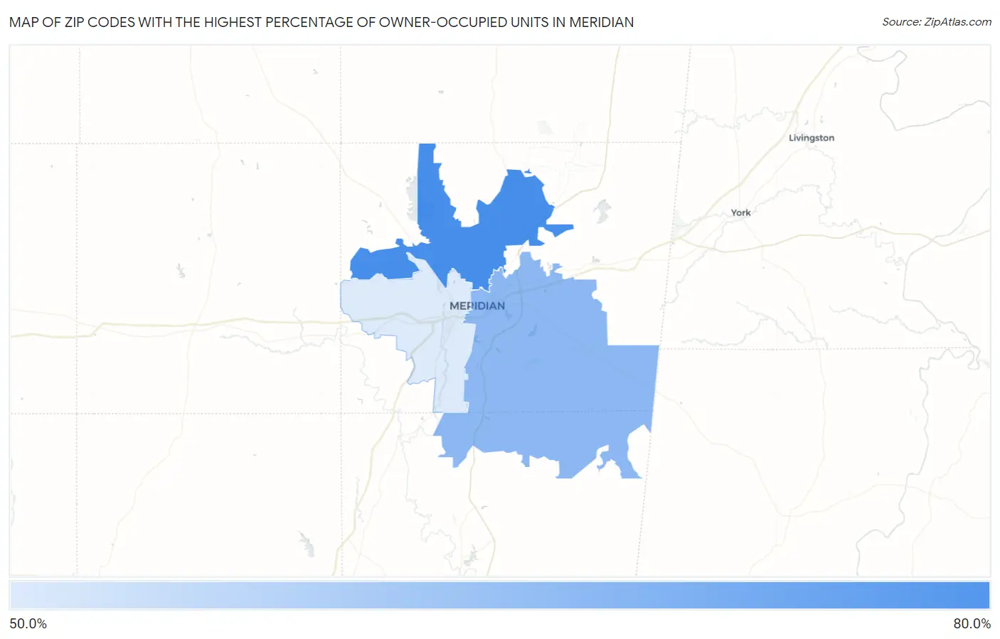 Zip Codes with the Highest Percentage of Owner-Occupied Units in Meridian Map