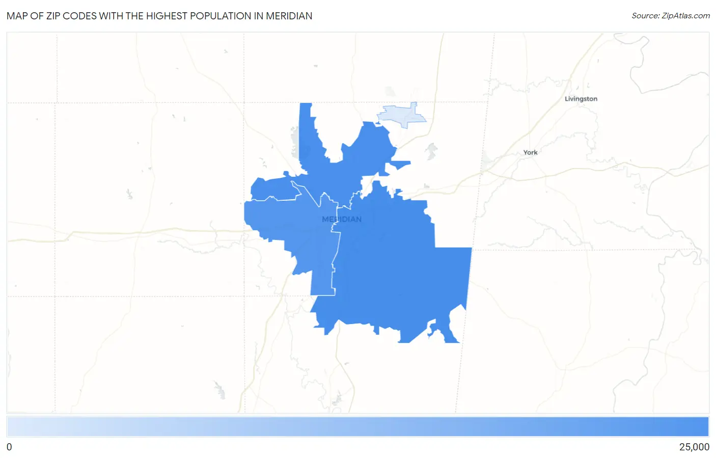 Zip Codes with the Highest Population in Meridian Map