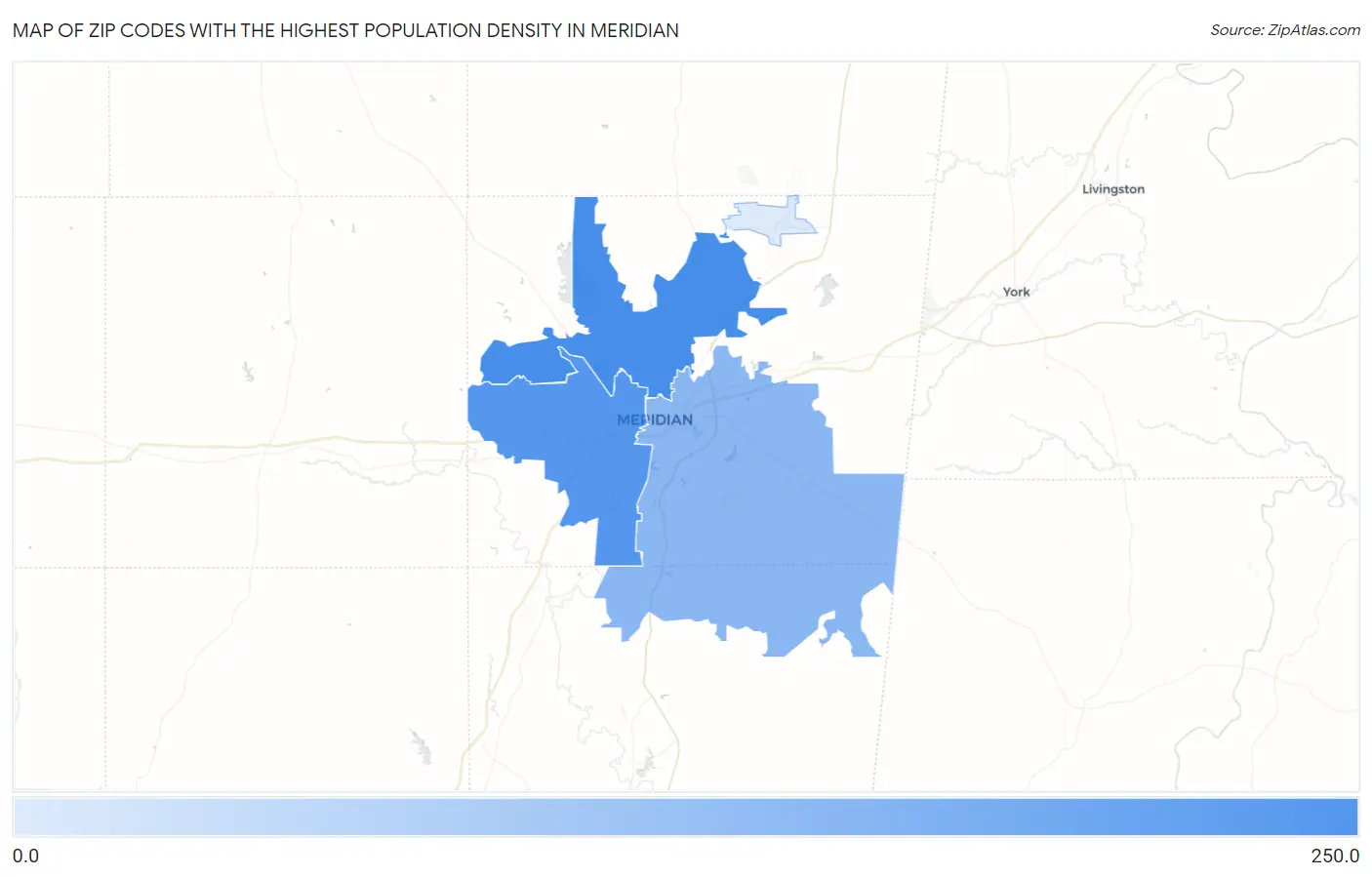 Zip Codes with the Highest Population Density in Meridian Map