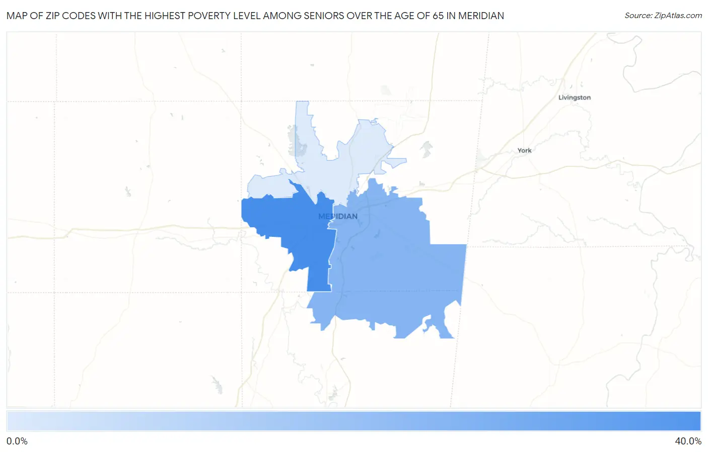 Zip Codes with the Highest Poverty Level Among Seniors Over the Age of 65 in Meridian Map