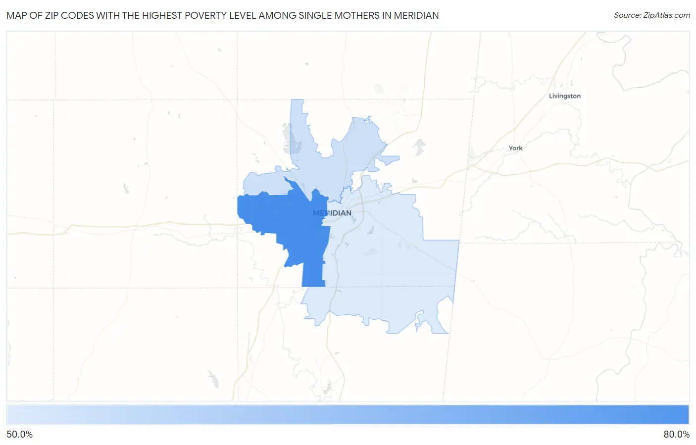 Zip Codes with the Highest Poverty Level Among Single Mothers in Meridian Map