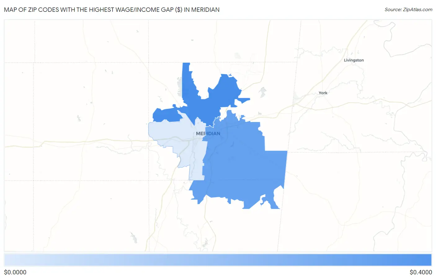 Zip Codes with the Highest Wage/Income Gap ($) in Meridian Map