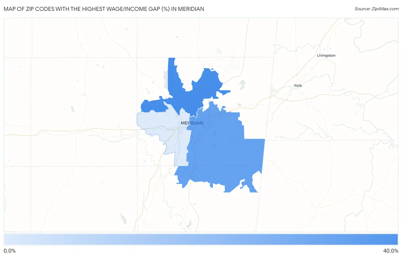 Zip Codes with the Highest Wage/Income Gap (%) in Meridian Map