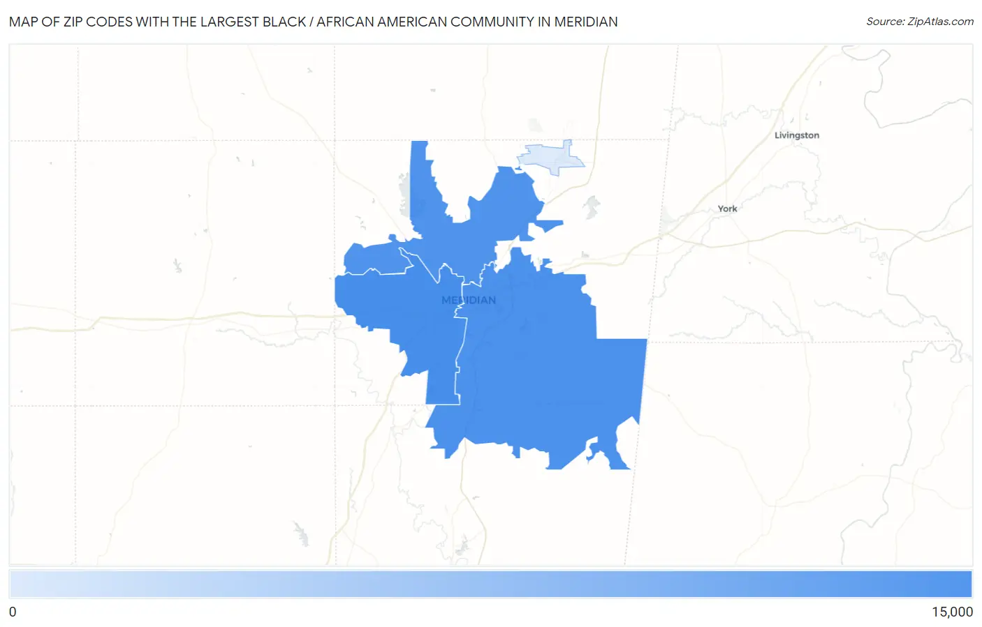 Zip Codes with the Largest Black / African American Community in Meridian Map