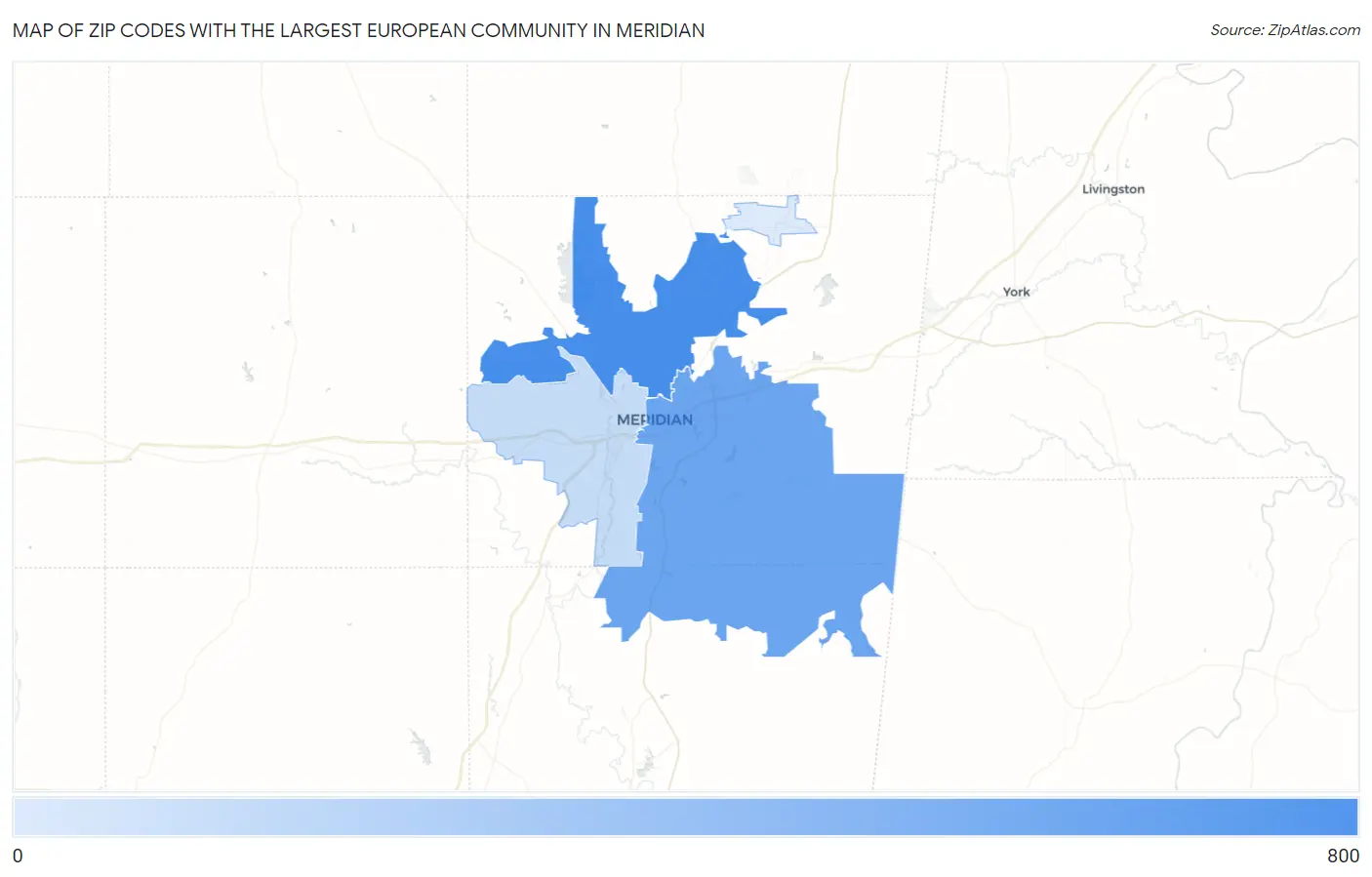 Zip Codes with the Largest European Community in Meridian Map