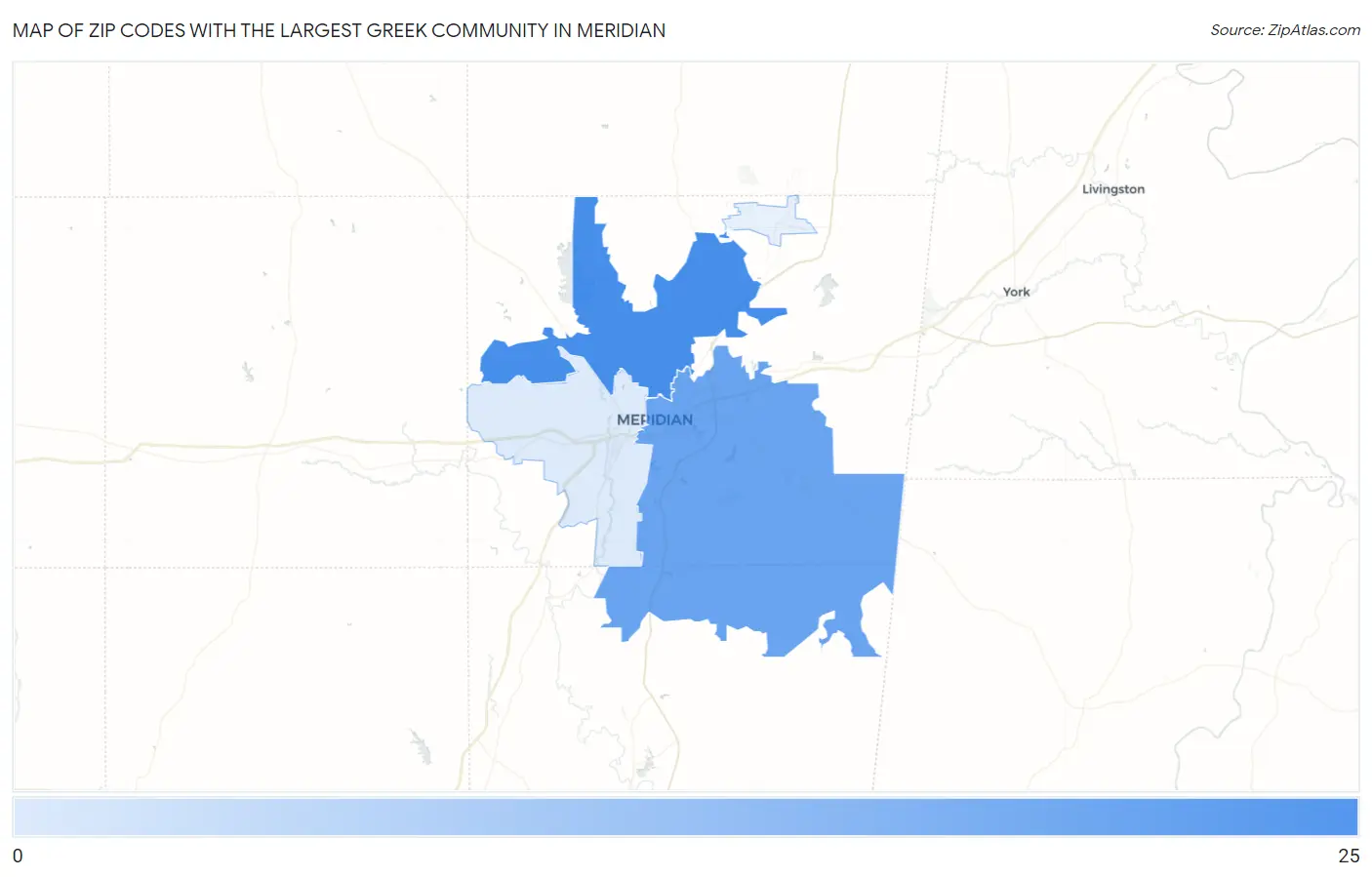Zip Codes with the Largest Greek Community in Meridian Map