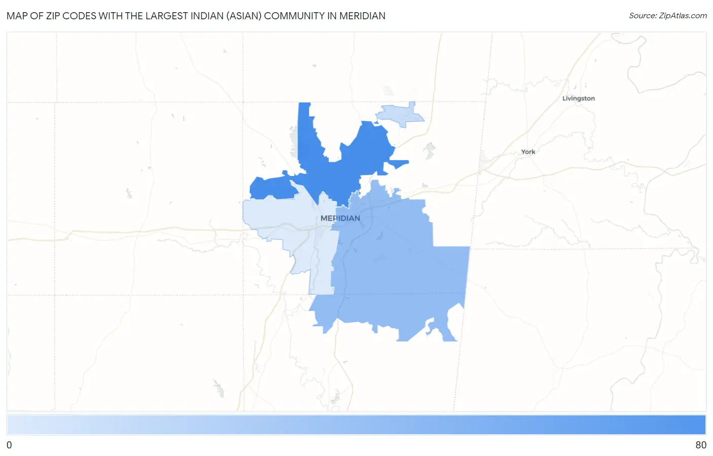 Zip Codes with the Largest Indian (Asian) Community in Meridian Map