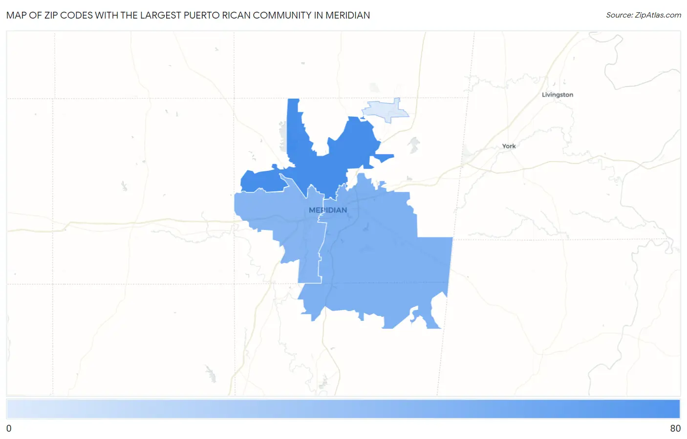 Zip Codes with the Largest Puerto Rican Community in Meridian Map