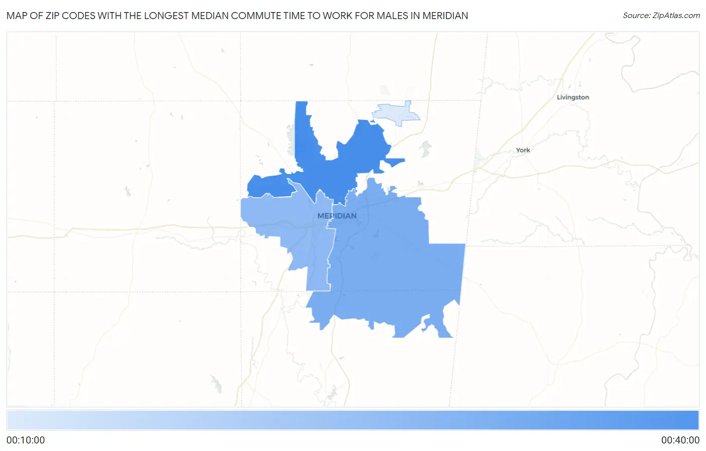 Zip Codes with the Longest Median Commute Time to Work for Males in Meridian Map