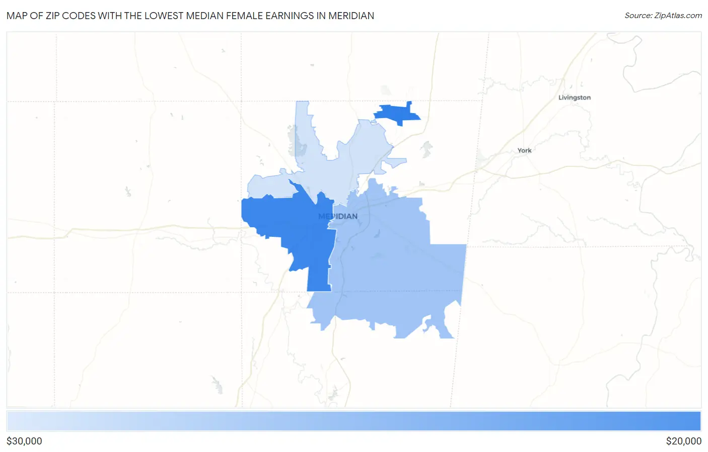 Zip Codes with the Lowest Median Female Earnings in Meridian Map