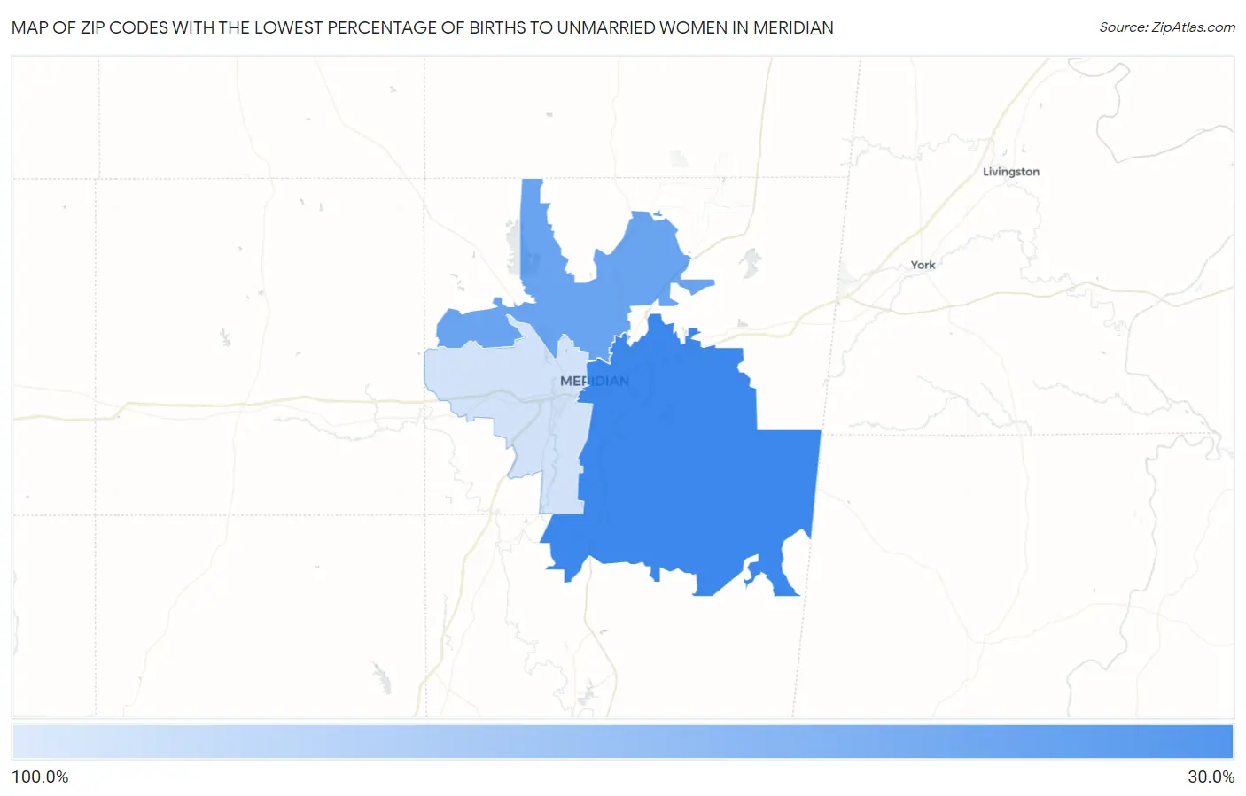 Zip Codes with the Lowest Percentage of Births to Unmarried Women in Meridian Map