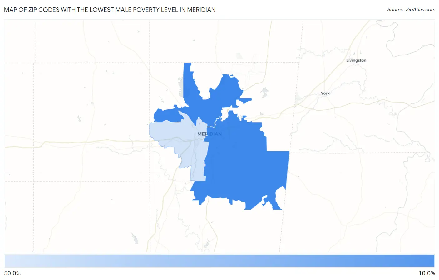 Zip Codes with the Lowest Male Poverty Level in Meridian Map