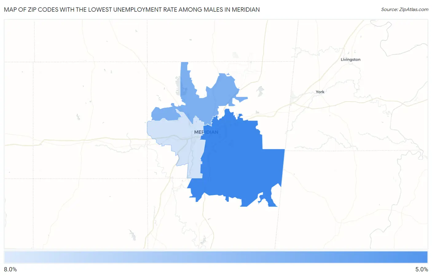 Zip Codes with the Lowest Unemployment Rate Among Males in Meridian Map