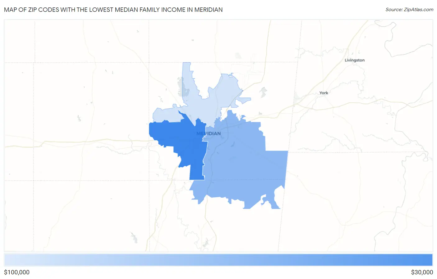 Zip Codes with the Lowest Median Family Income in Meridian Map