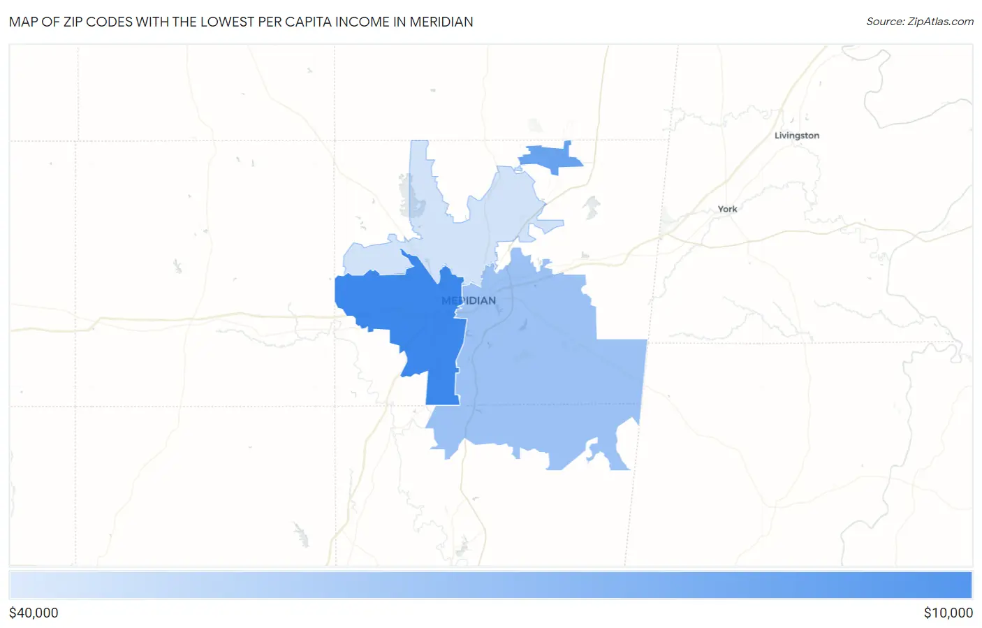 Zip Codes with the Lowest Per Capita Income in Meridian Map