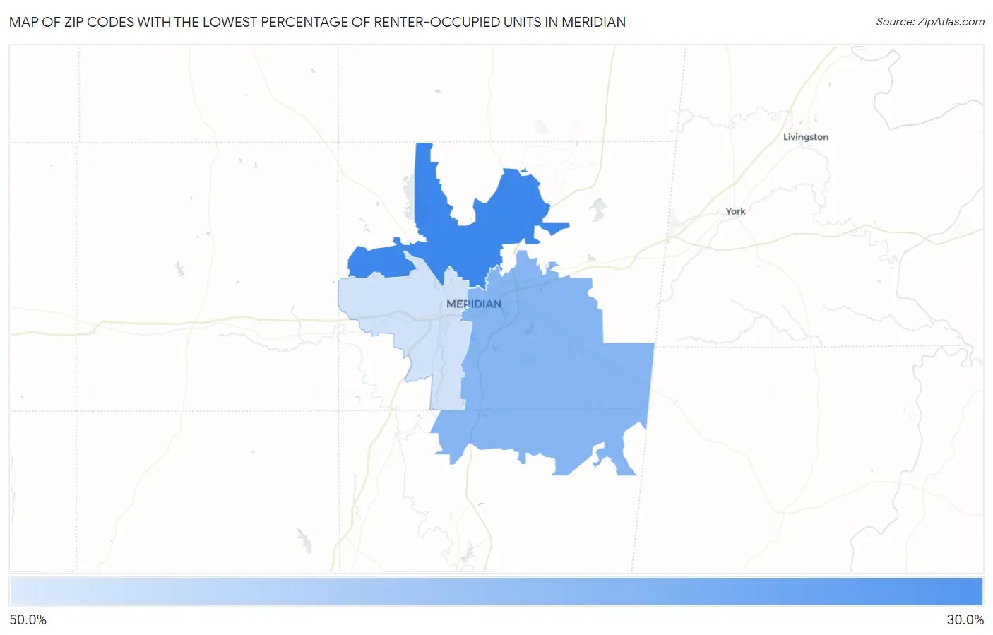 Zip Codes with the Lowest Percentage of Renter-Occupied Units in Meridian Map