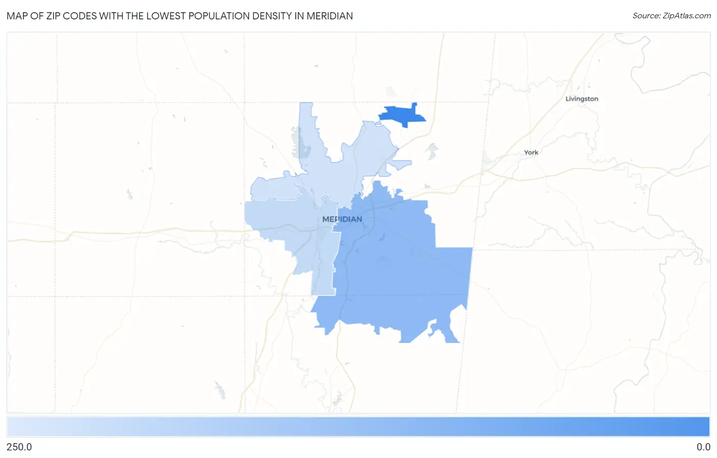 Zip Codes with the Lowest Population Density in Meridian Map