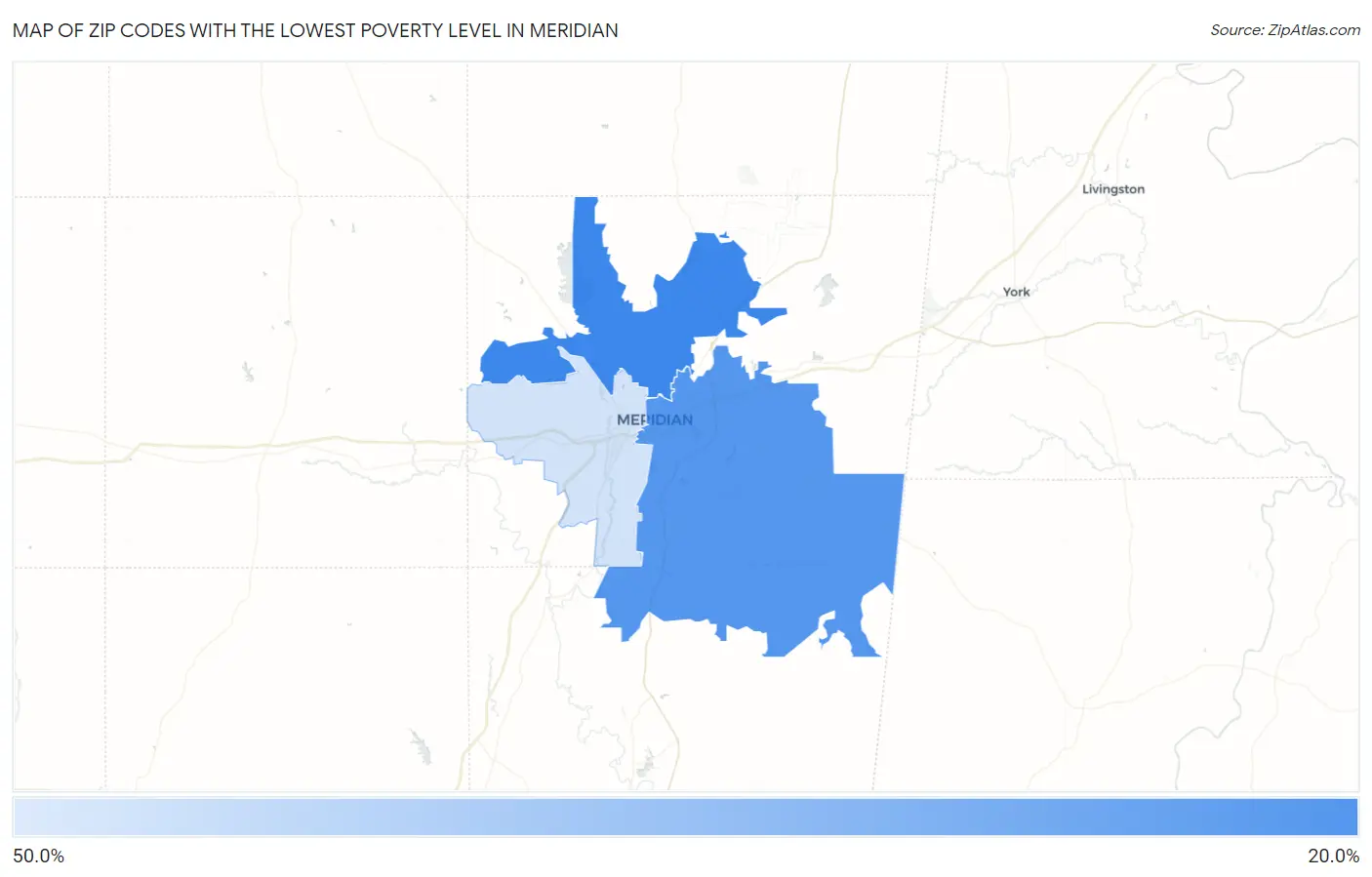 Zip Codes with the Lowest Poverty Level in Meridian Map