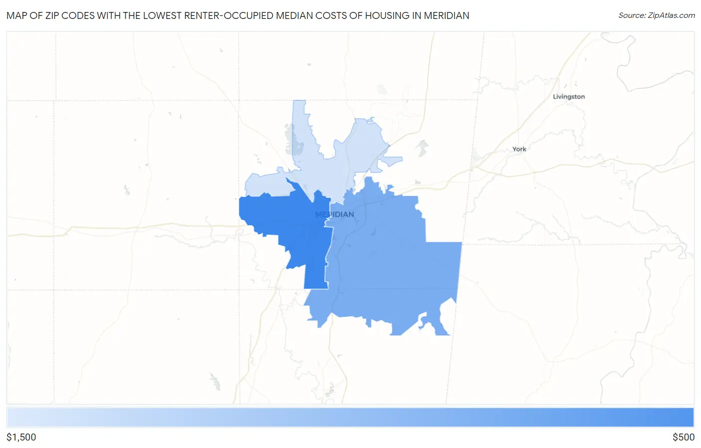 Zip Codes with the Lowest Renter-Occupied Median Costs of Housing in Meridian Map