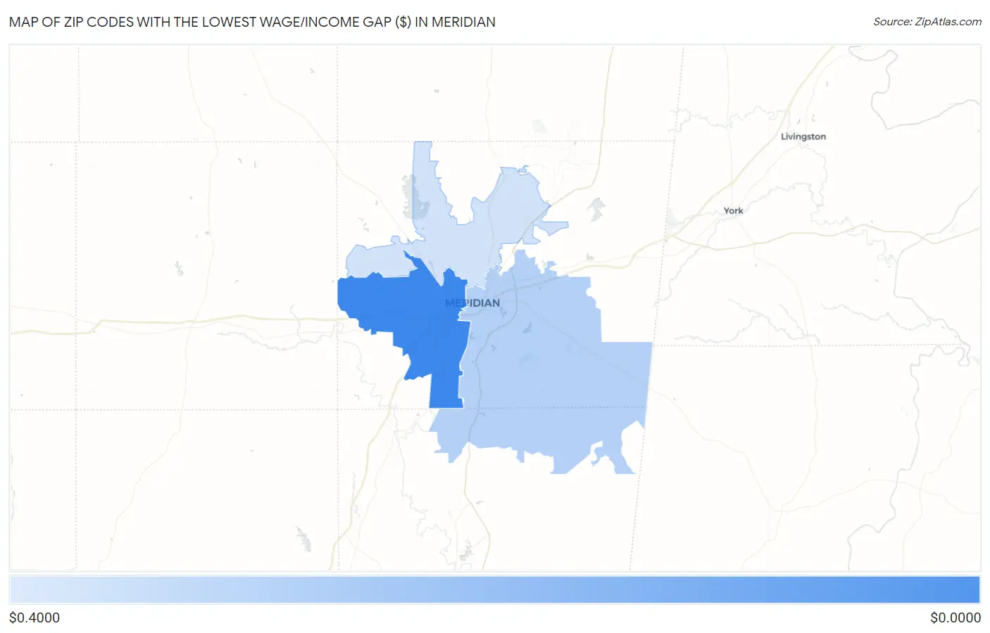 Zip Codes with the Lowest Wage/Income Gap ($) in Meridian Map