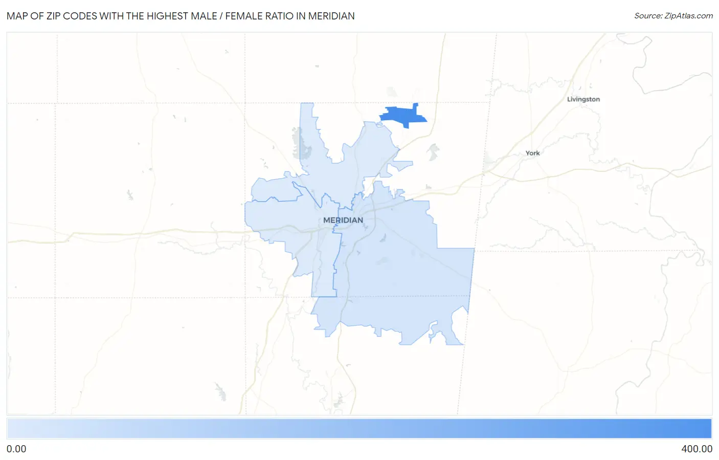 Zip Codes with the Highest Male / Female Ratio in Meridian Map