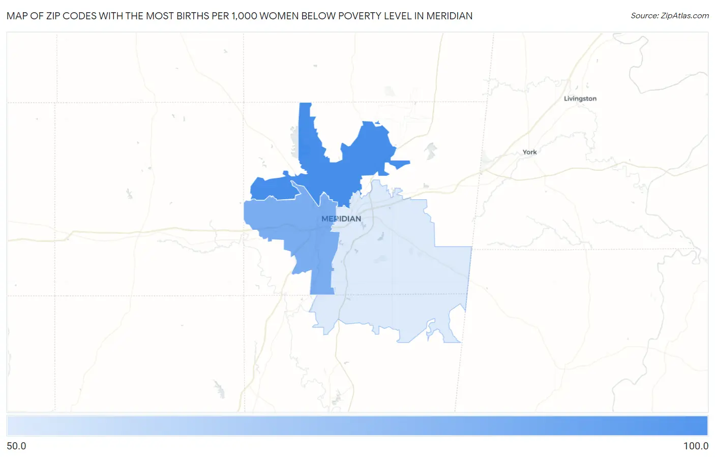 Zip Codes with the Most Births per 1,000 Women Below Poverty Level in Meridian Map