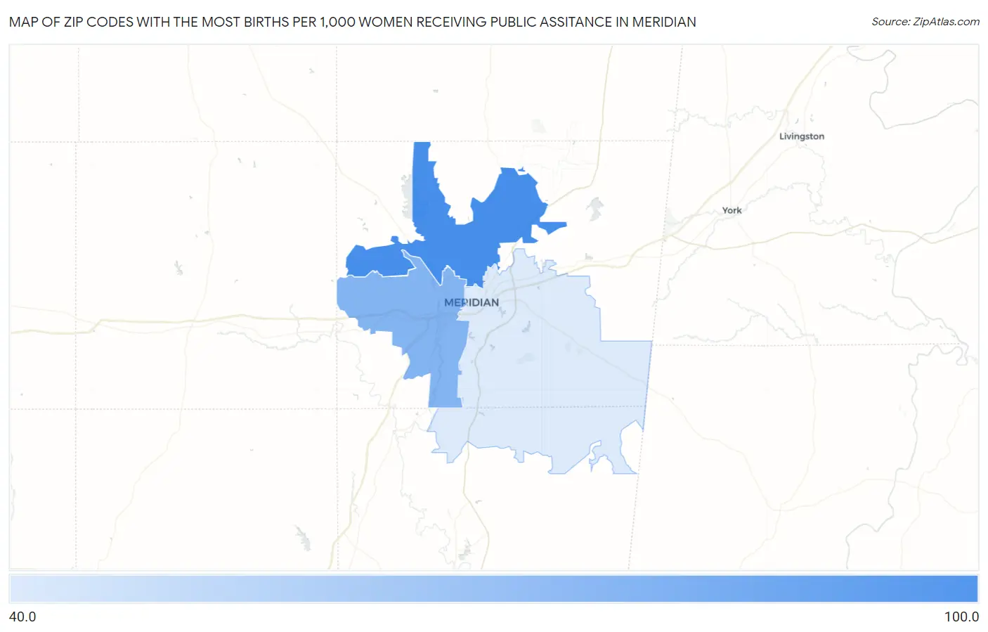 Zip Codes with the Most Births per 1,000 Women Receiving Public Assitance in Meridian Map