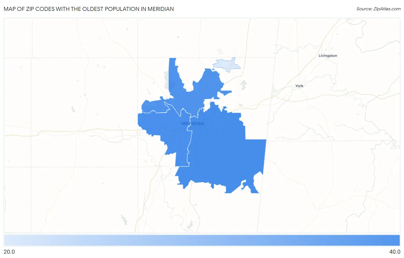 Zip Codes with the Oldest Population in Meridian Map