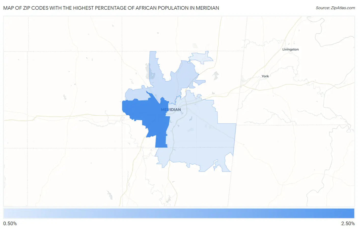 Zip Codes with the Highest Percentage of African Population in Meridian Map