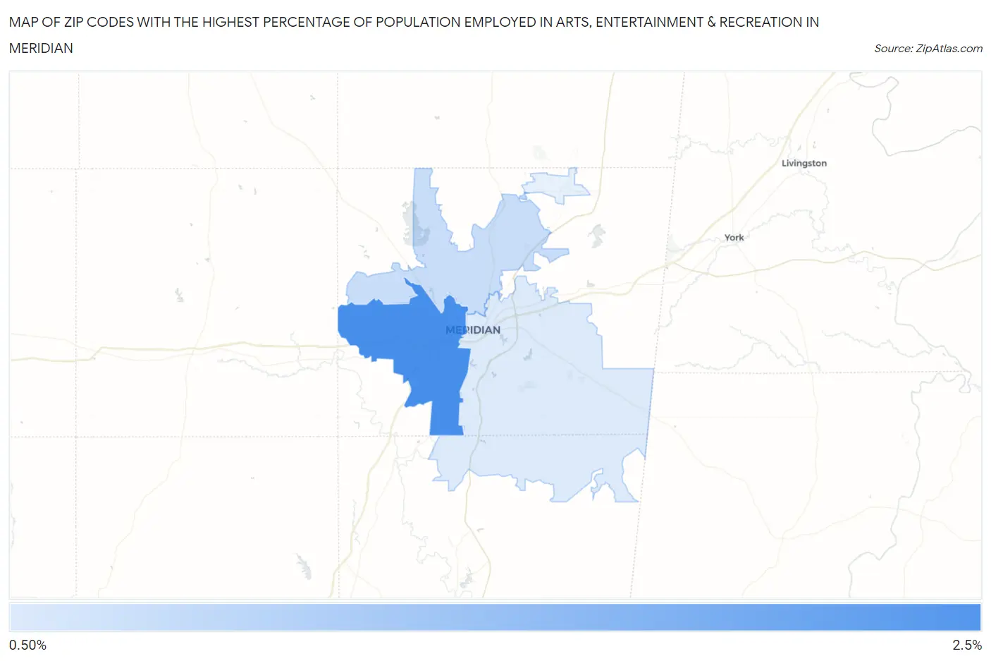 Zip Codes with the Highest Percentage of Population Employed in Arts, Entertainment & Recreation in Meridian Map