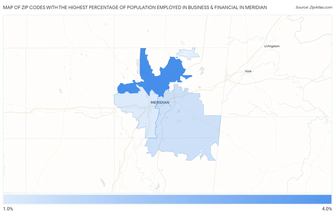 Zip Codes with the Highest Percentage of Population Employed in Business & Financial in Meridian Map