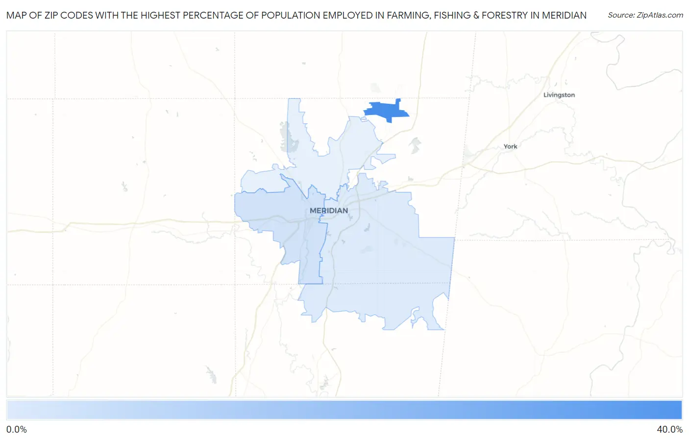 Zip Codes with the Highest Percentage of Population Employed in Farming, Fishing & Forestry in Meridian Map
