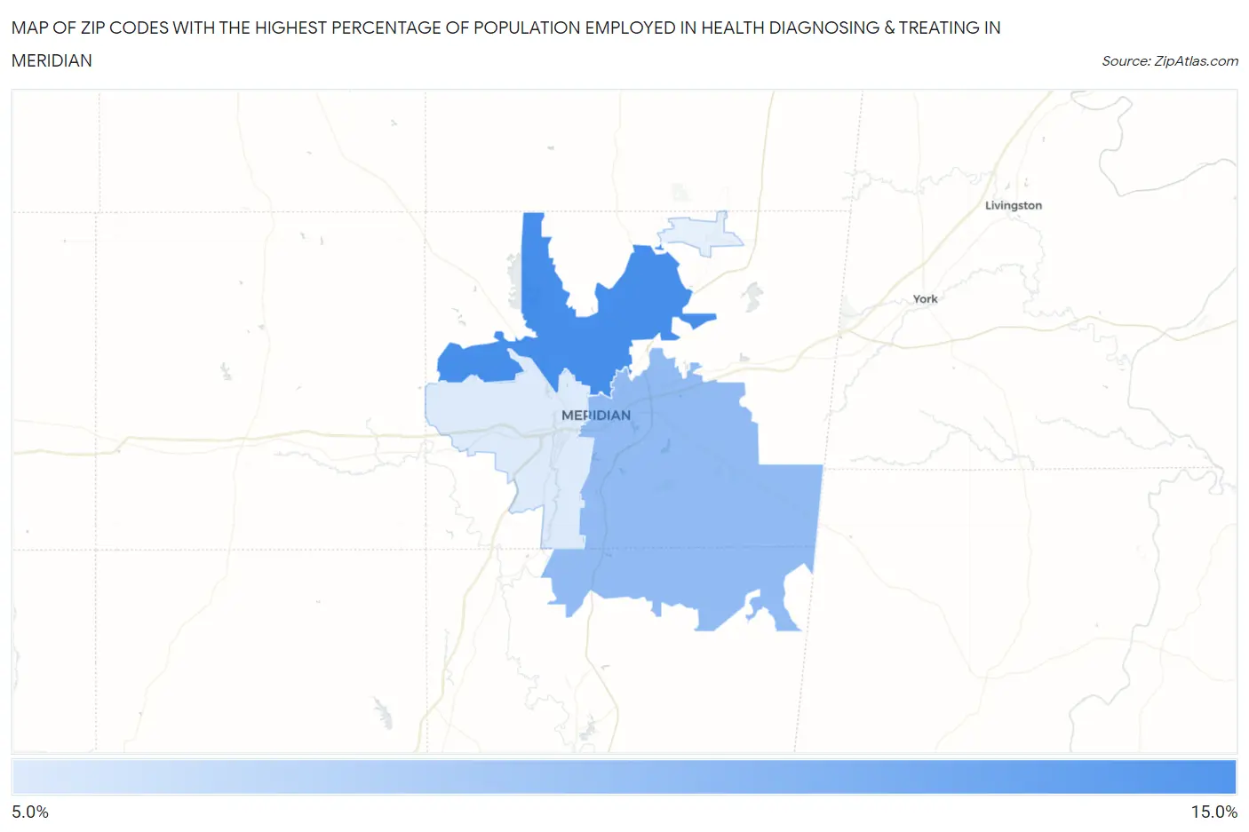Zip Codes with the Highest Percentage of Population Employed in Health Diagnosing & Treating in Meridian Map