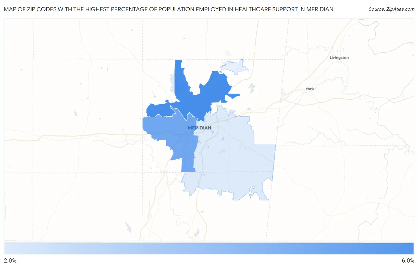Zip Codes with the Highest Percentage of Population Employed in Healthcare Support in Meridian Map