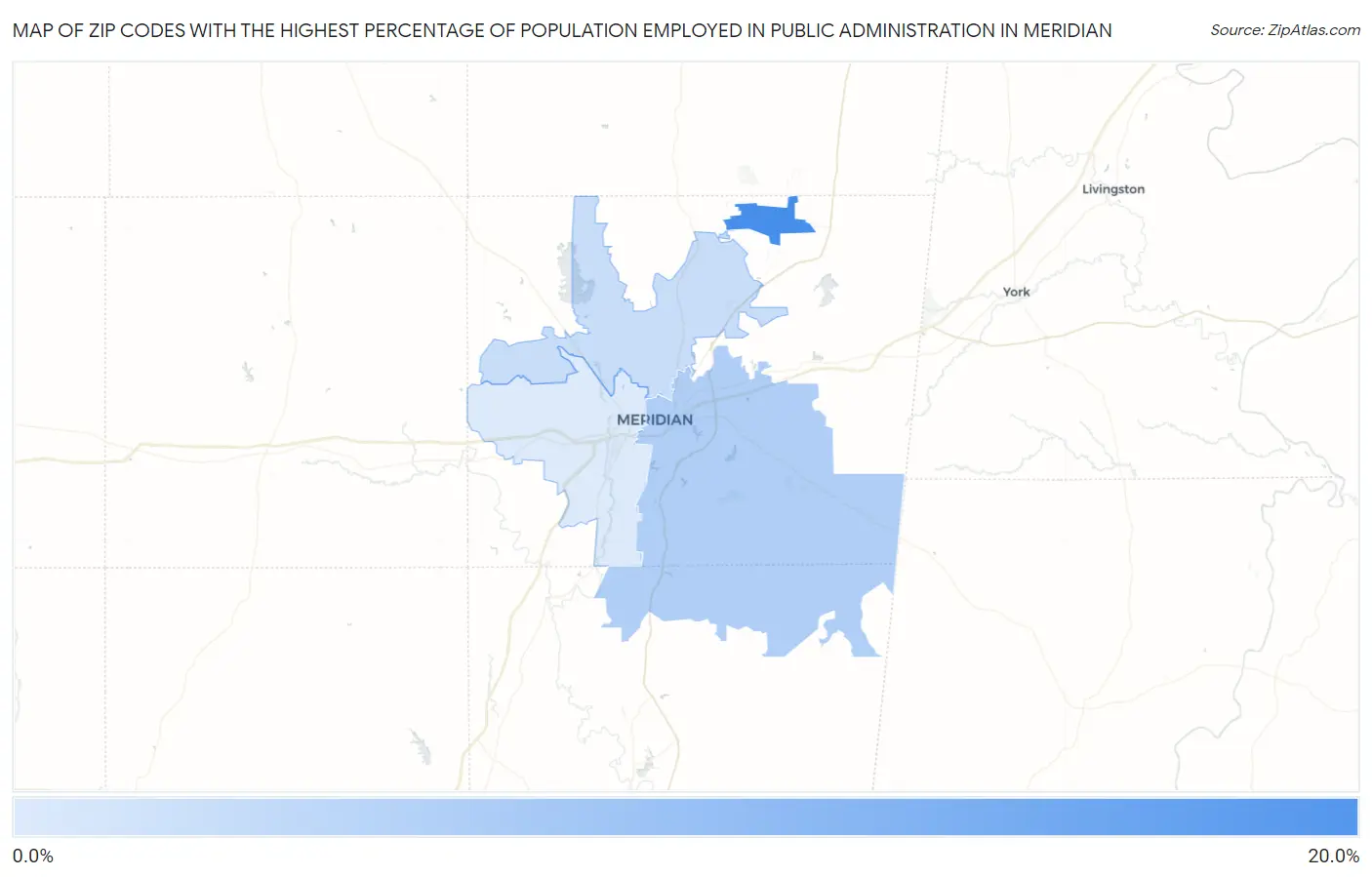 Zip Codes with the Highest Percentage of Population Employed in Public Administration in Meridian Map