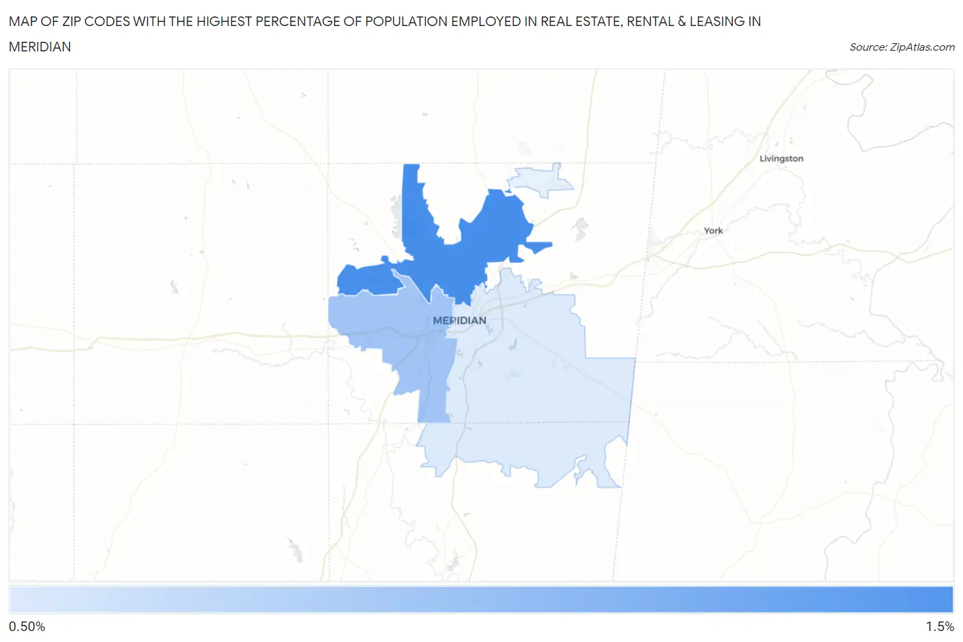 Zip Codes with the Highest Percentage of Population Employed in Real Estate, Rental & Leasing in Meridian Map