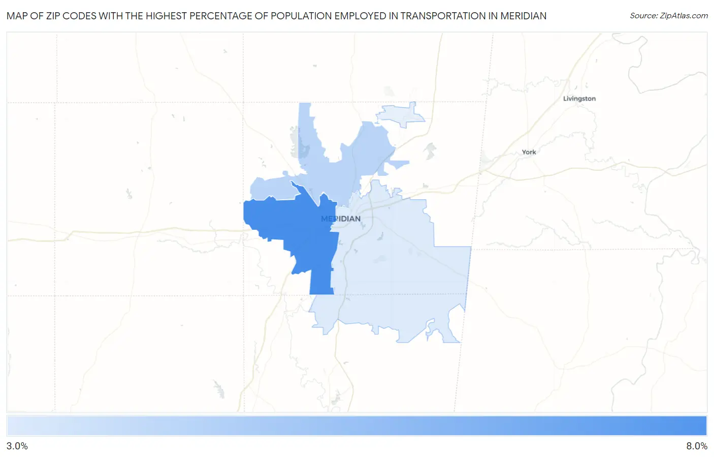 Zip Codes with the Highest Percentage of Population Employed in Transportation in Meridian Map