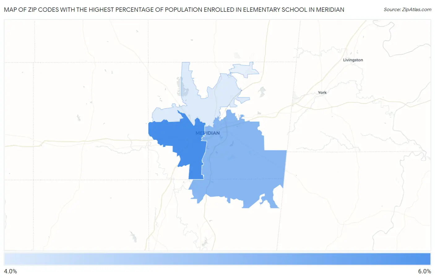 Zip Codes with the Highest Percentage of Population Enrolled in Elementary School in Meridian Map