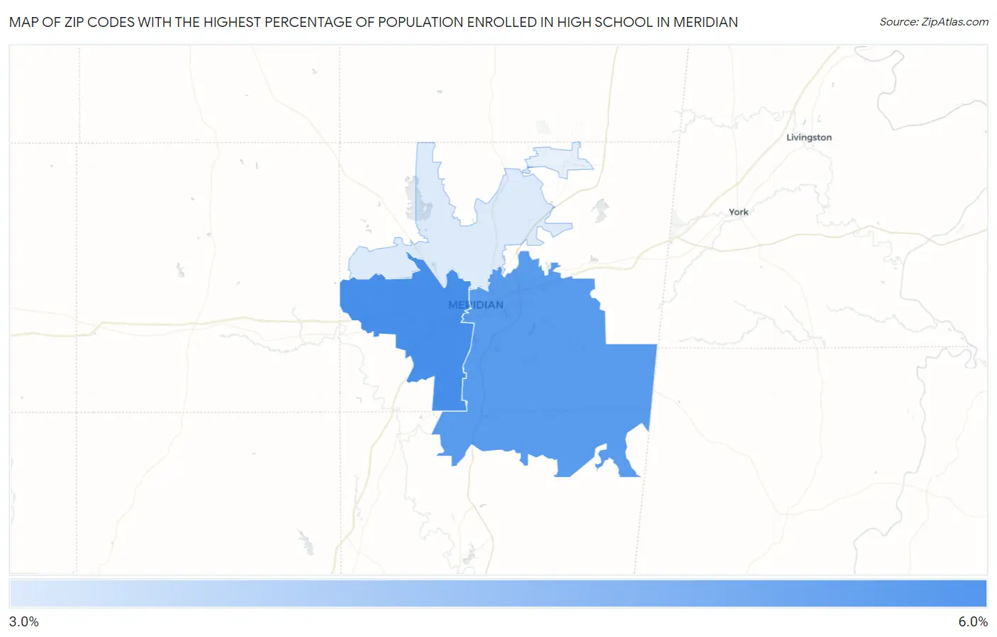 Zip Codes with the Highest Percentage of Population Enrolled in High School in Meridian Map