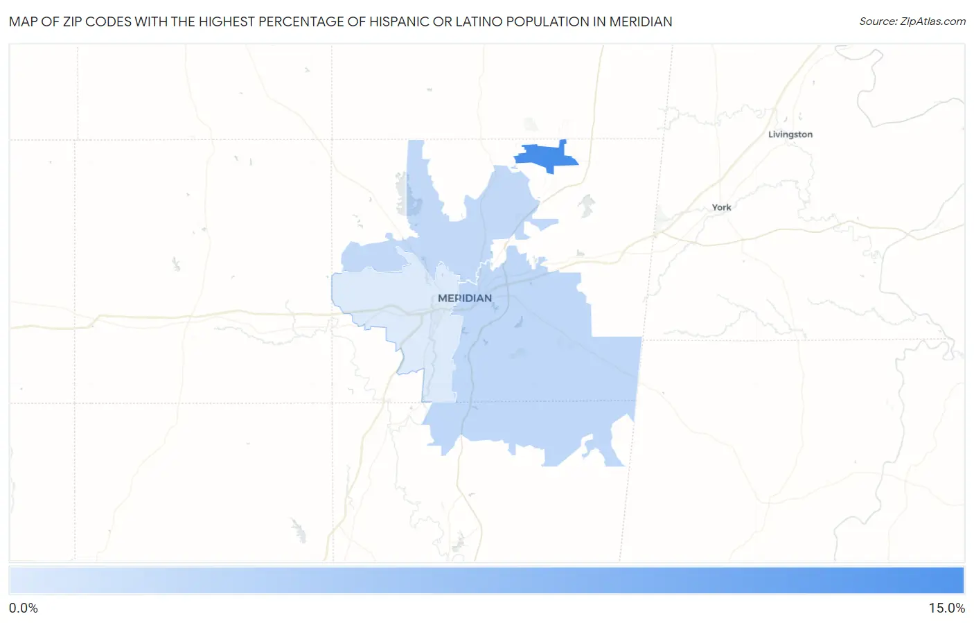 Zip Codes with the Highest Percentage of Hispanic or Latino Population in Meridian Map