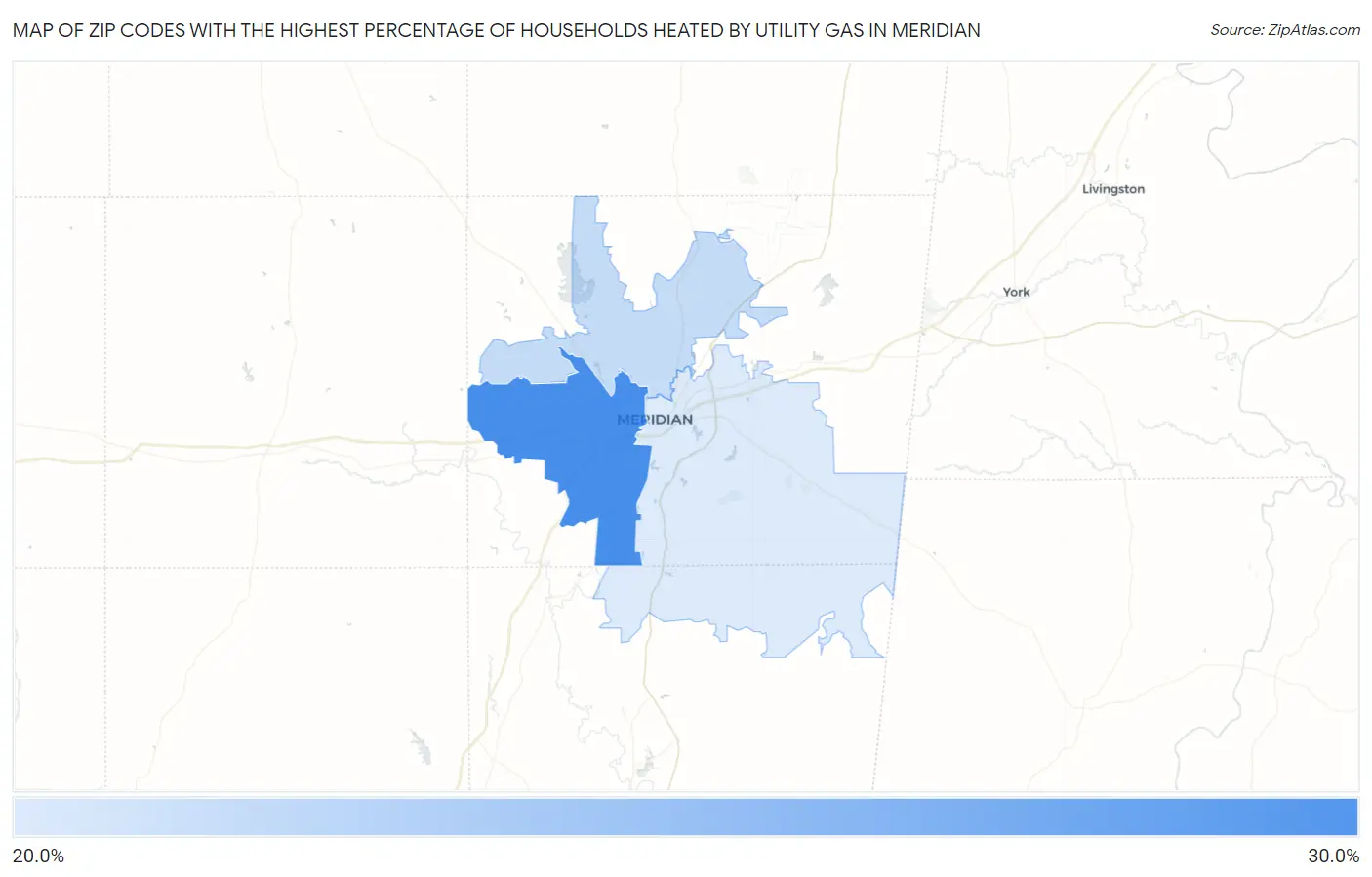 Zip Codes with the Highest Percentage of Households Heated by Utility Gas in Meridian Map