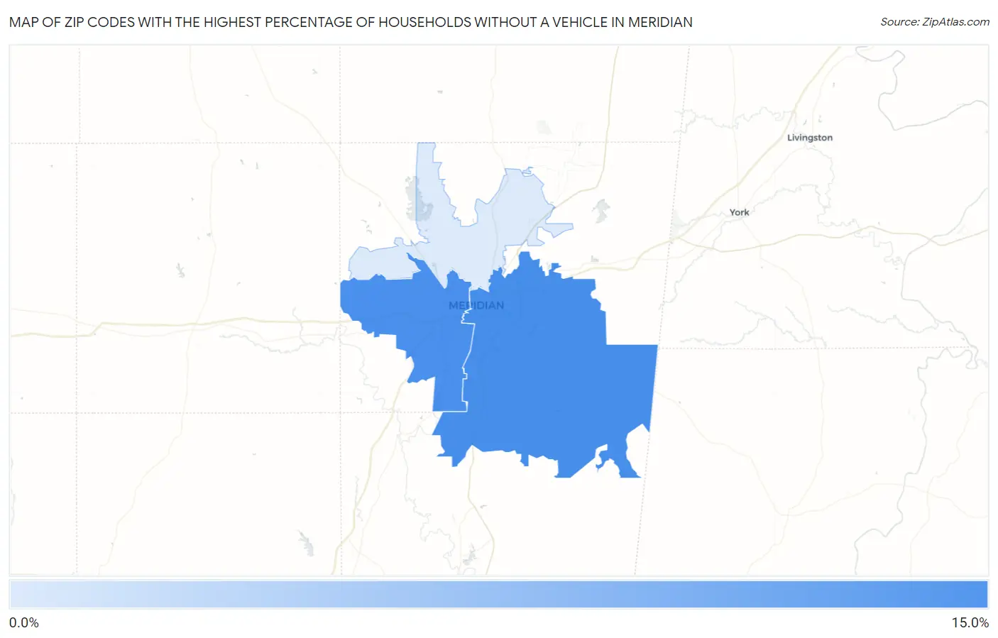 Zip Codes with the Highest Percentage of Households Without a Vehicle in Meridian Map