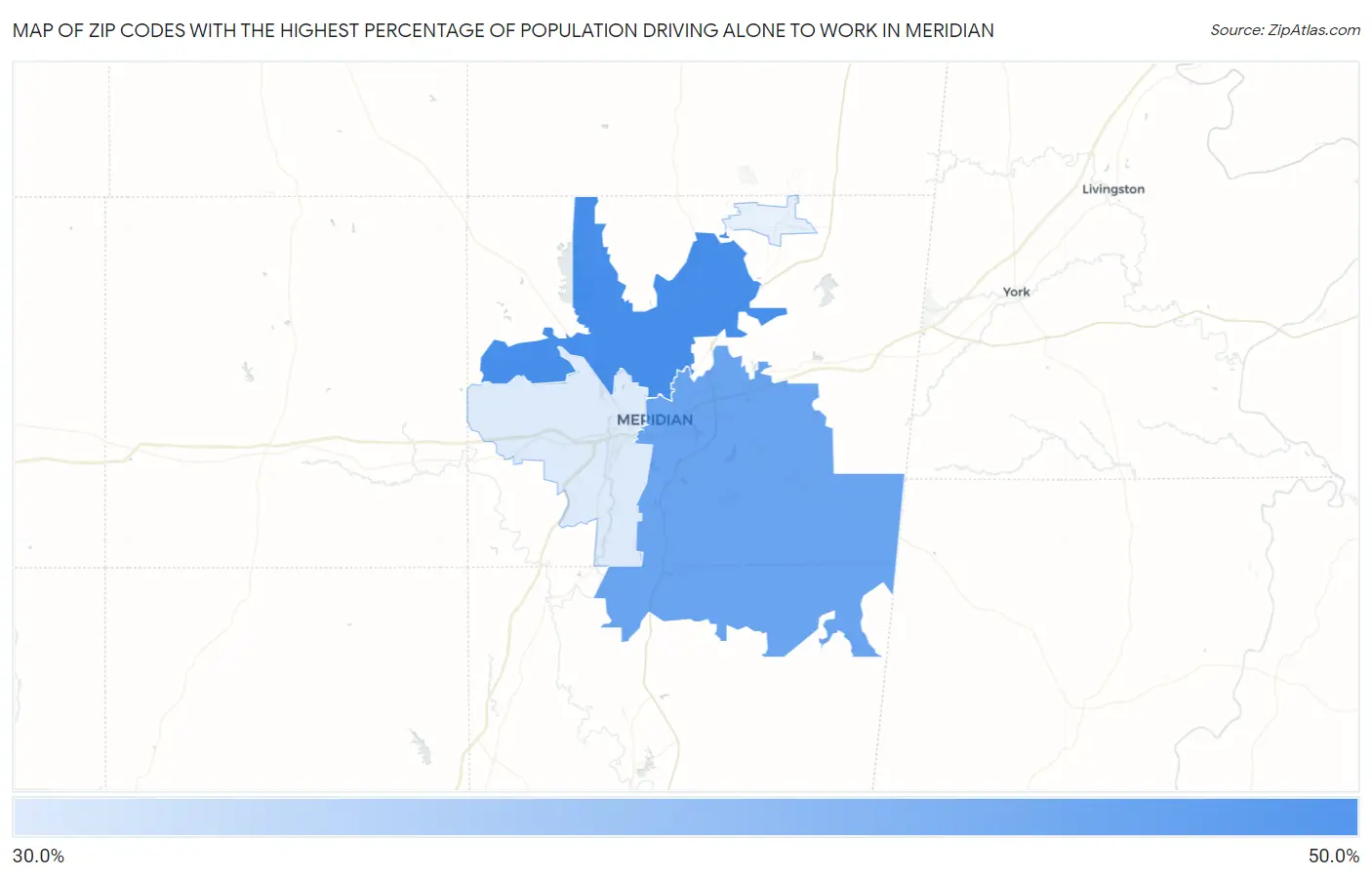 Zip Codes with the Highest Percentage of Population Driving Alone to Work in Meridian Map