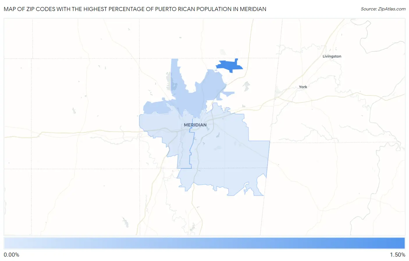 Zip Codes with the Highest Percentage of Puerto Rican Population in Meridian Map