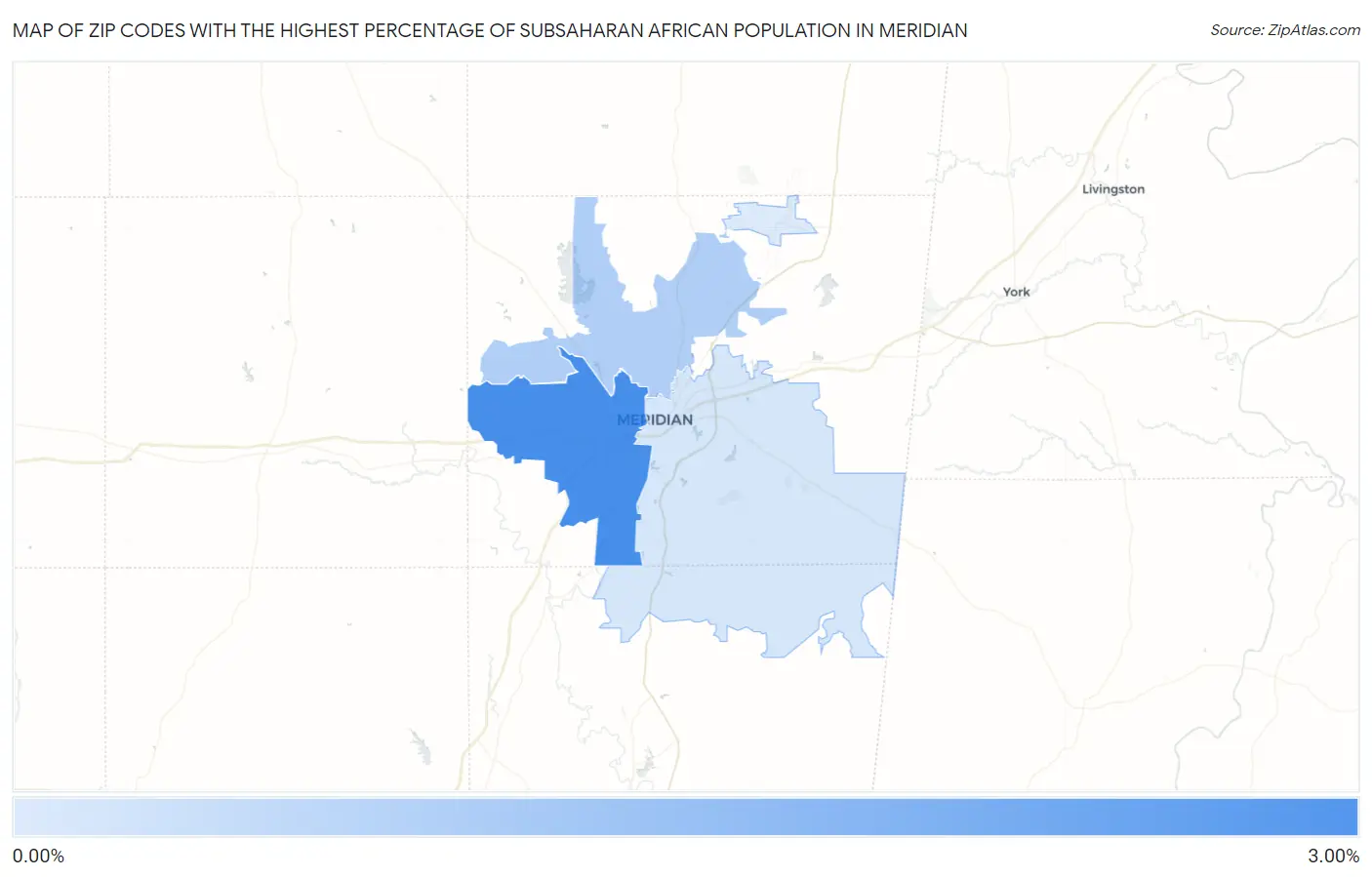 Zip Codes with the Highest Percentage of Subsaharan African Population in Meridian Map