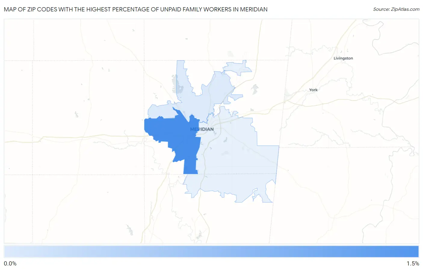 Zip Codes with the Highest Percentage of Unpaid Family Workers in Meridian Map