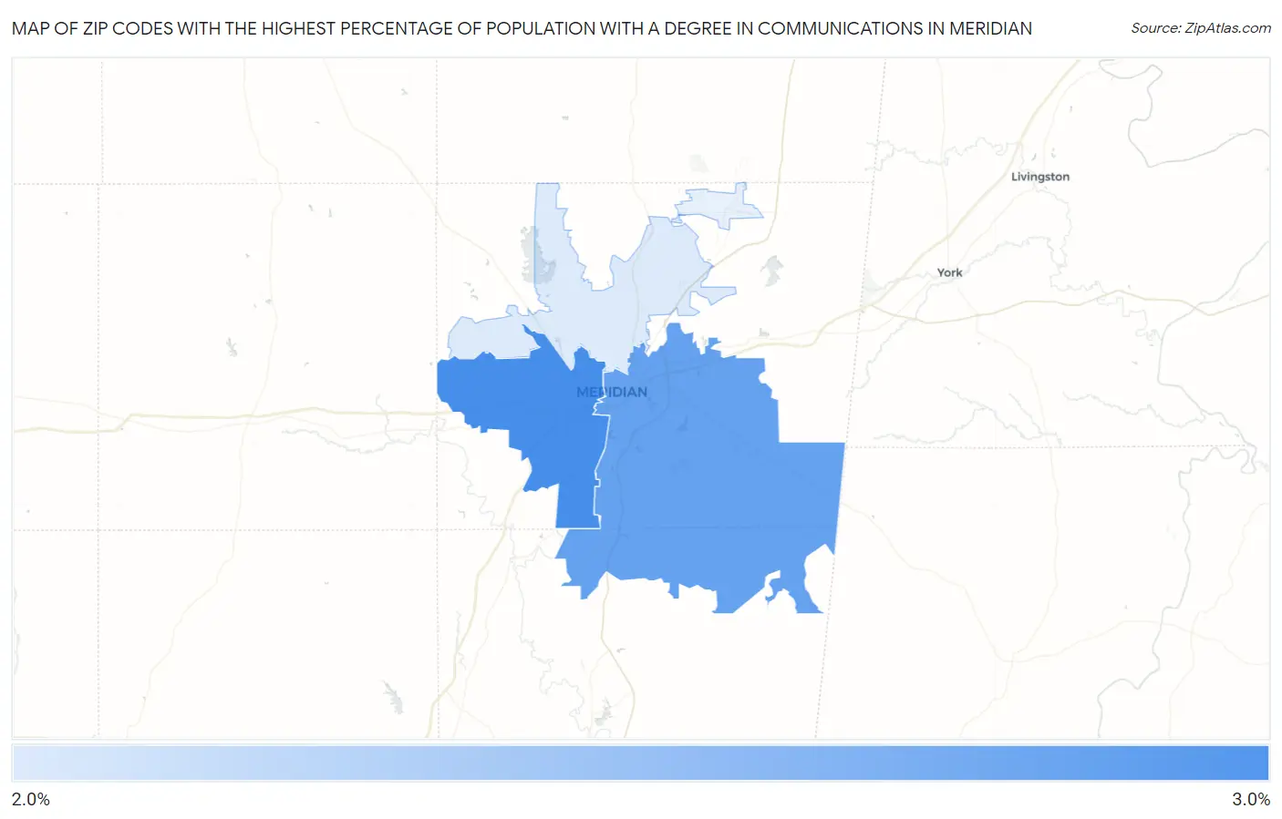 Zip Codes with the Highest Percentage of Population with a Degree in Communications in Meridian Map