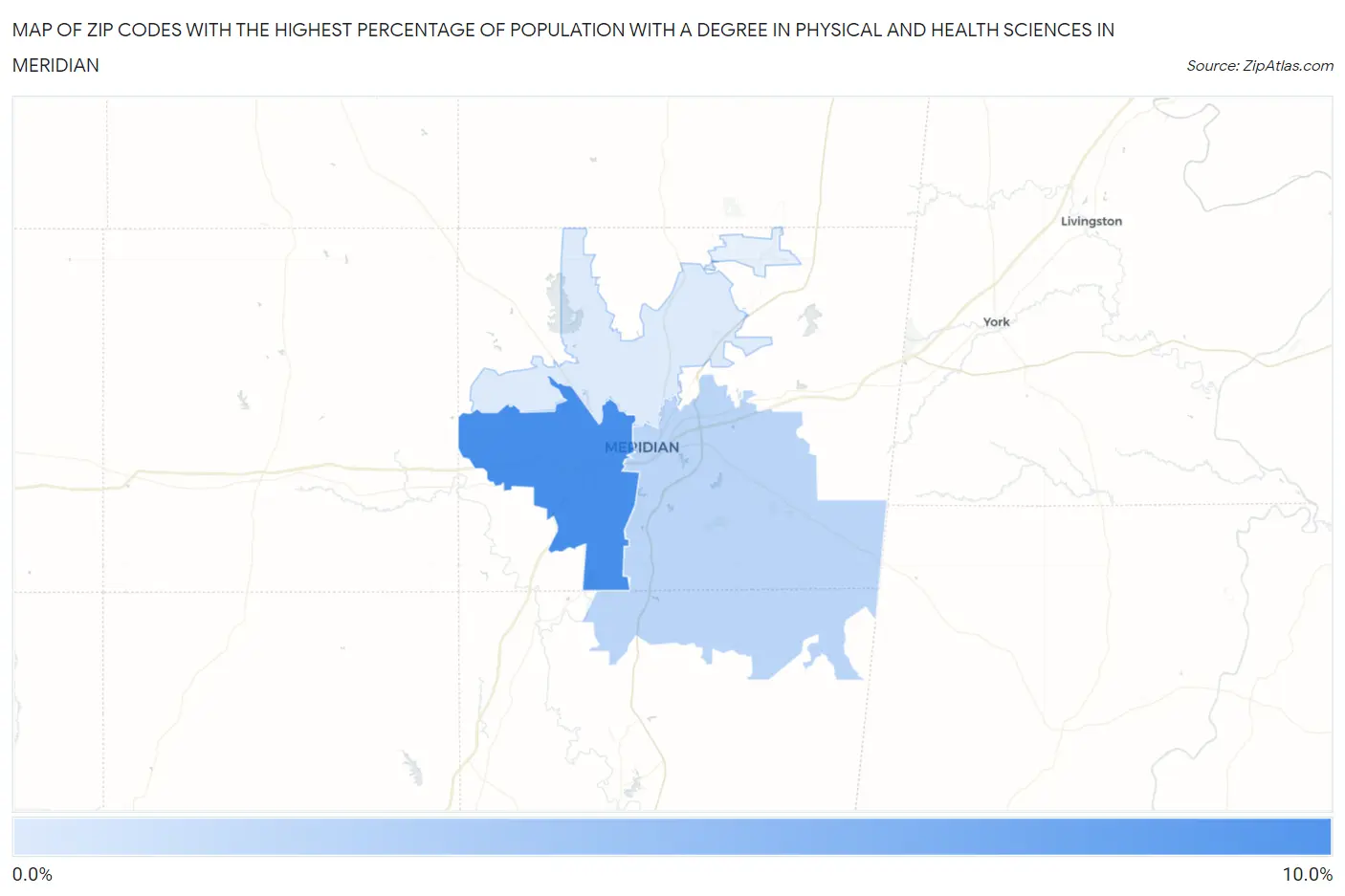 Zip Codes with the Highest Percentage of Population with a Degree in Physical and Health Sciences in Meridian Map